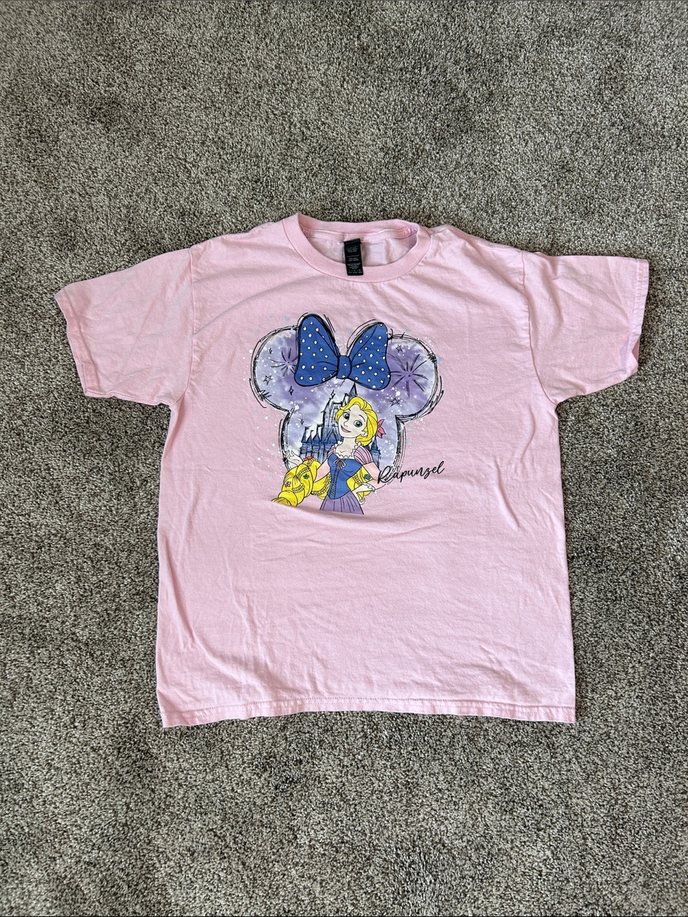Gildan Pink Rapunzel Graphic Tee with purple Bow